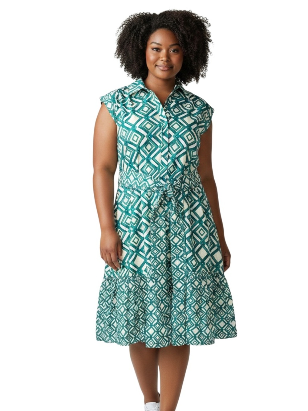 Joy Joy Geometric Tie-Waist Shirt Dress Size L Green Blue Sleeveless Lined Comfy